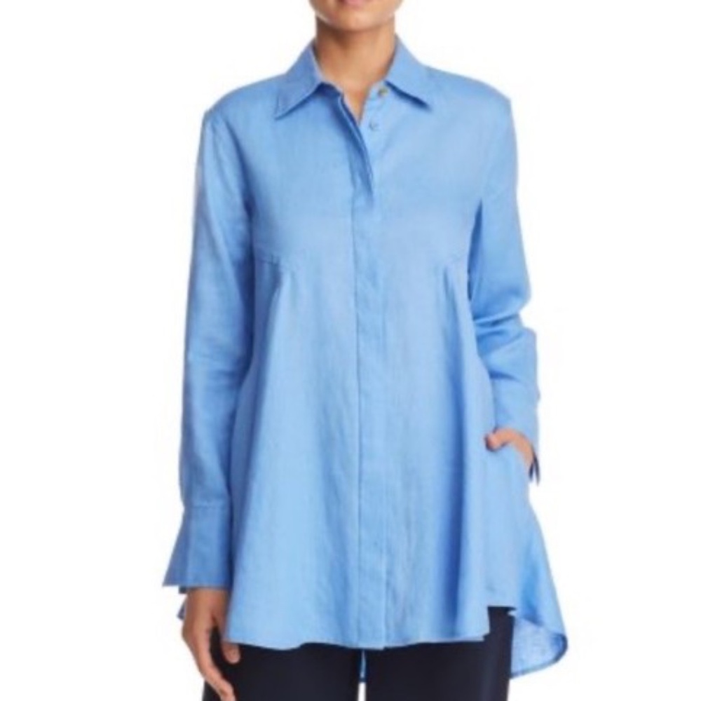 Donna Karan‎ New York Women Medium Linen Flare-Hem Tunic Top Blue - Pockets!